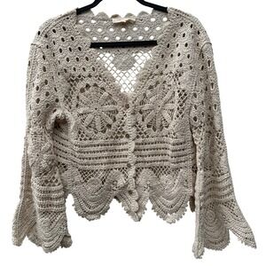 Solitaire Crochet Floral Button Front Cardigan Women Small Bell Sleeve Boho